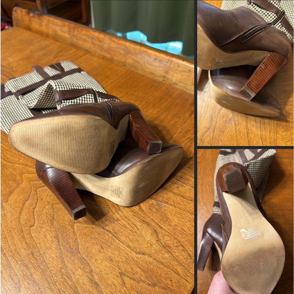 Tommy Hilfiger Frita Brown Leather Houndstooth High Block Heels Tall Boots 8 - Picture 14 of 15